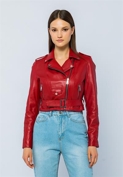 basics and more Basics&More Women Short Belted Red Leather Jacket - CASIE
