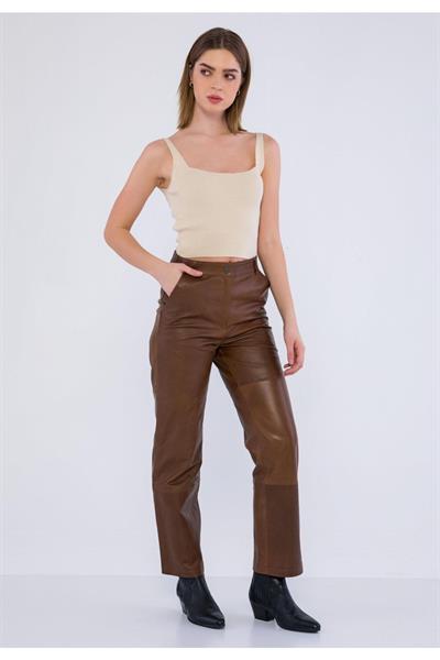 Basics And More Basics&More Women Side Pocket Chestnut Leather Trousers - P03