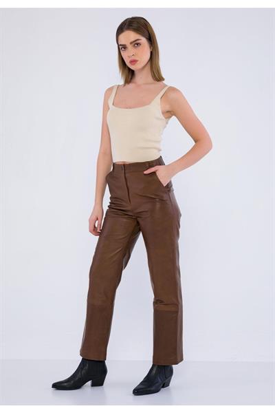 Basics And More Basics&More Women Side Pocket Chestnut Leather Trousers - P03