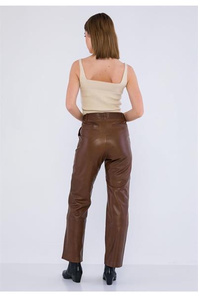 Basics And More Basics&More Women Side Pocket Chestnut Leather Trousers - P03