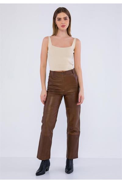 basics and more Basics&More Women Side Pocket Chestnut Leather Trousers - P03