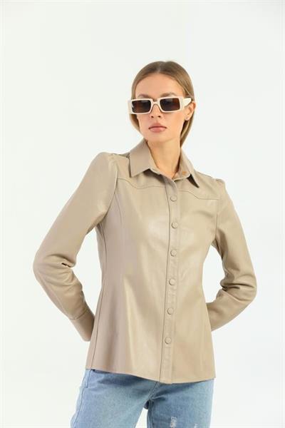 Basics And More Basics&More Women Snap Beige Leather Shirt - SH01