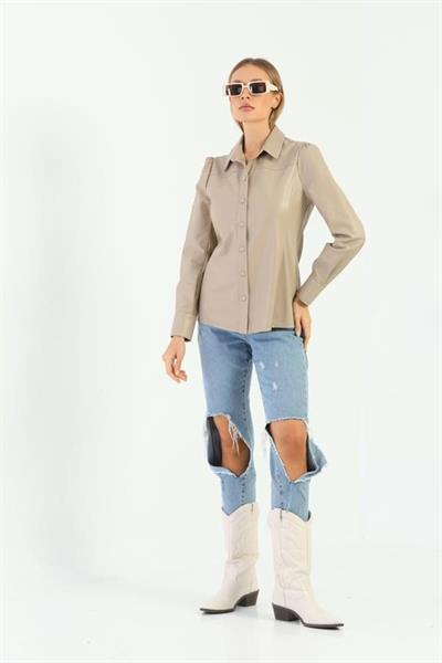 basics and more Basics&More Women Snap Beige Leather Shirt - SH01