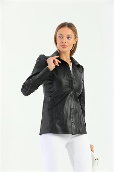 Basics And More Basics&More Women Snap Black Leather Shirt - SH01