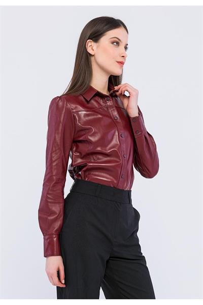 Basics And More Basics&More Women Snap Bordeaux Leather Shirt - SH01