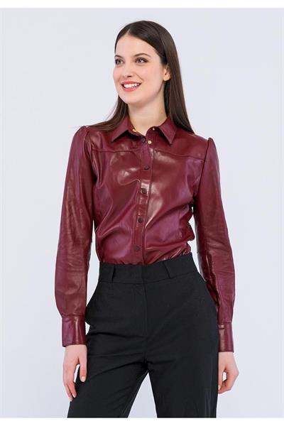 Basics And More Basics&More Women Snap Bordeaux Leather Shirt - SH01