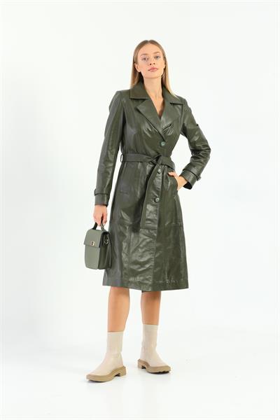 Basics And More Basics&More Women Trench Khaki Leather Jacket - Brenda
