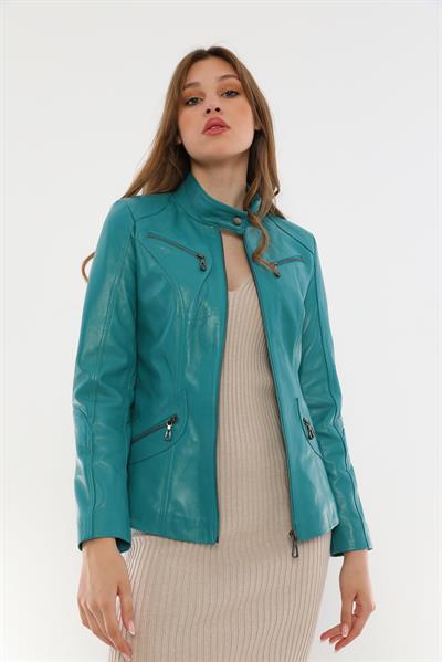 Basics And More Basics&More Women Turquoise Leather Jacket With Zipper Detail - B16
