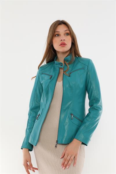 Basics And More Basics&More Women Turquoise Leather Jacket With Zipper Detail - B16