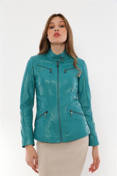 basics and more Basics&More Women Turquoise Leather Jacket with Zipper Detail - B16
