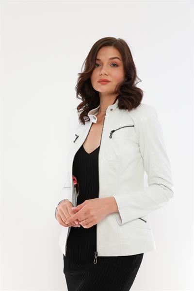 basics And More Basics&More Women White Leather Jacket With Zipper Detail - B16