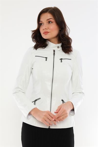 basics and more Basics&More Women White Leather Jacket with Zipper Detail - B16