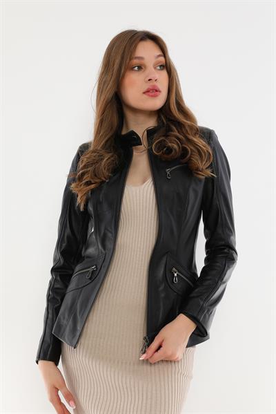 Basics And More Basics&More Women Zipper Detailed Black Leather Jacket - B16
