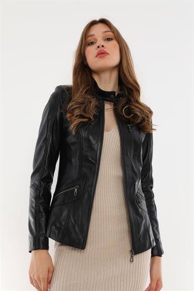 Basics And More Basics&More Women Zipper Detailed Black Leather Jacket - B16