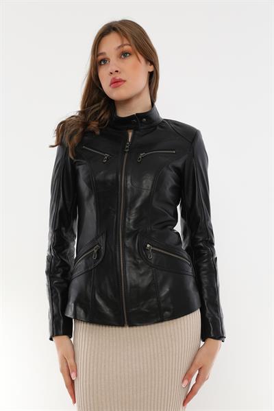 basics and more Basics&More Women Zipper Detailed Black Leather Jacket - B16