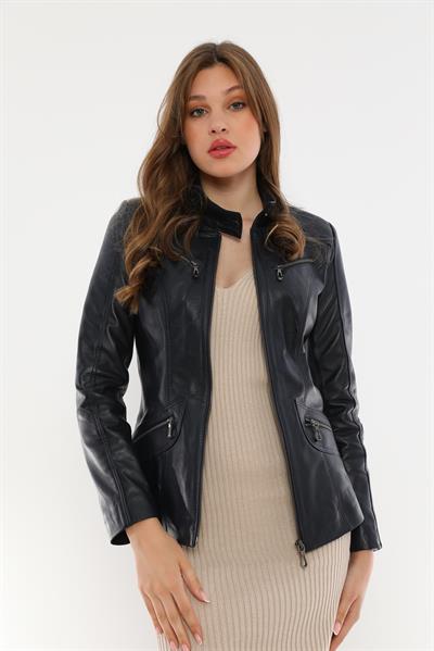 Basics And More Basics&More Women Zipper Detailed Dark Blue Leather Jacket - B16