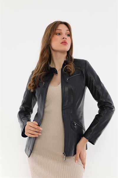 Basics And More Basics&More Women Zipper Detailed Dark Blue Leather Jacket - B16