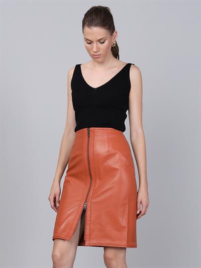 Basics And More Basics&More Women Zippered Pen Orange Leather Skirt - SK01