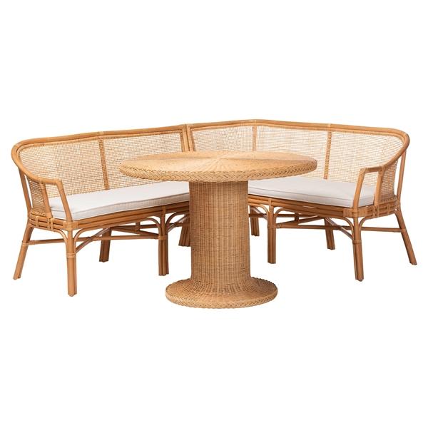 baxton studio bali & pari Aara 3-Piece Natural Rattan Dining Nook Set - L-Shaped Corner Bench with Cushions and Round Pedestal Wicker Table Handwoven Boho Coastal Breakfast Banquette for Kitchen or Sunroom