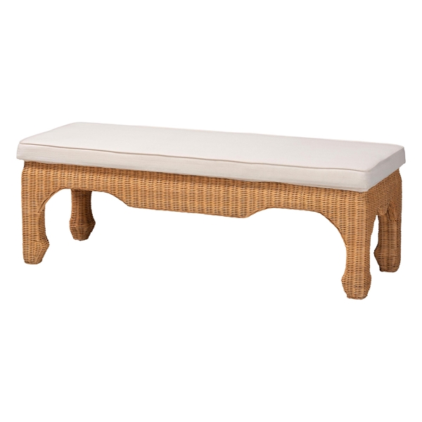 baxton studio bali & pari Abena Ming Style Natural Rattan Bench with Cushion - Boho Chic Accent Seating for Entryway Bedroom or Living Room