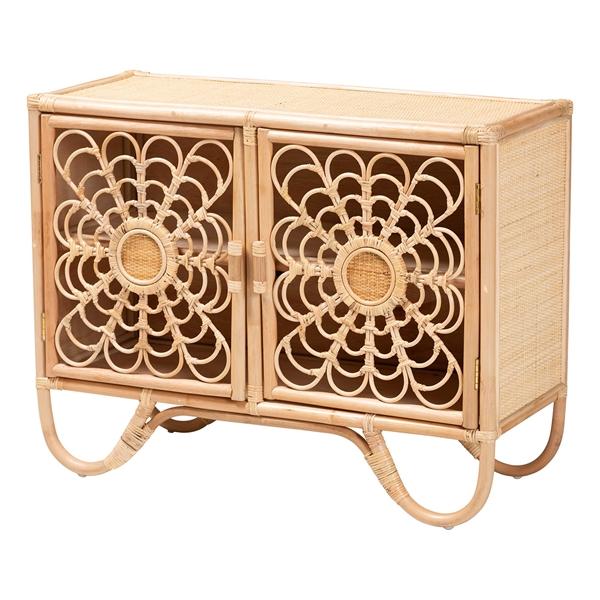 baxton studio bali & pari Acelin Natural Rattan Storage Cabinet - Handcrafted Boho Accent Console with Floral Woven Doors Natural Wicker Sideboard for Living Room or Entryway