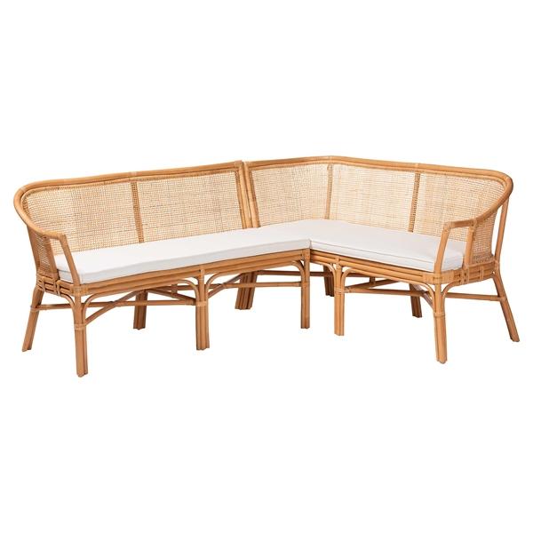 baxton studio bali & pari Adede 2-Piece Natural Rattan Corner Bench Set - Handwoven Wicker L-Shaped Dining Nook Seating with Cushions Boho Coastal Style Banquette for Kitchen Dining or Sunroom