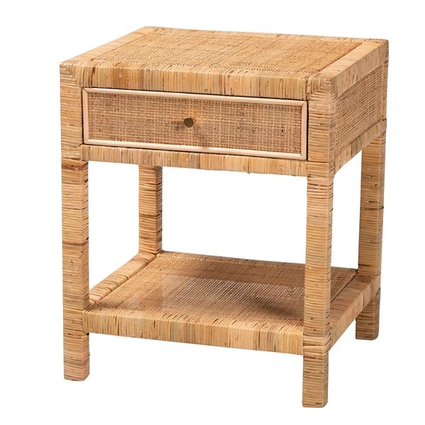 baxton studio bali & pari Adelia Modern Bohemian Natural Rattan and Mahogany Wood 1-Drawer Nightstand
