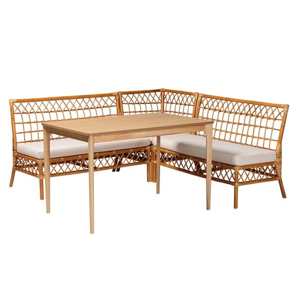 baxton studio bali & pari Adora Modern Bohemian Honey Rattan 4-Piece Dining Nook Set