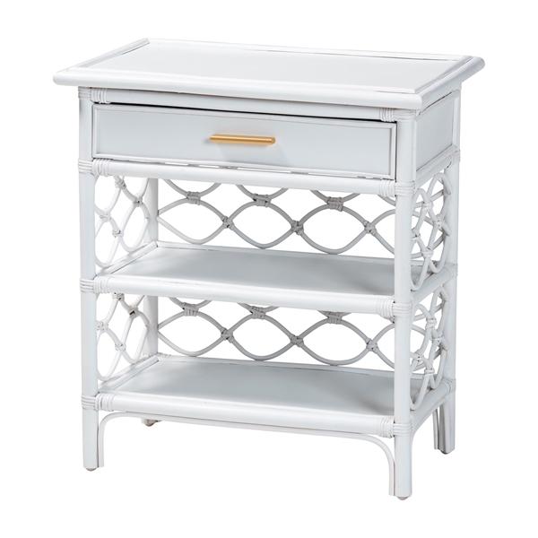 baxton studio bali & pari Akane Natural Rattan Nightstand with Drawer and Open Shelves - Coastal Bedside Table with Lattice Design White