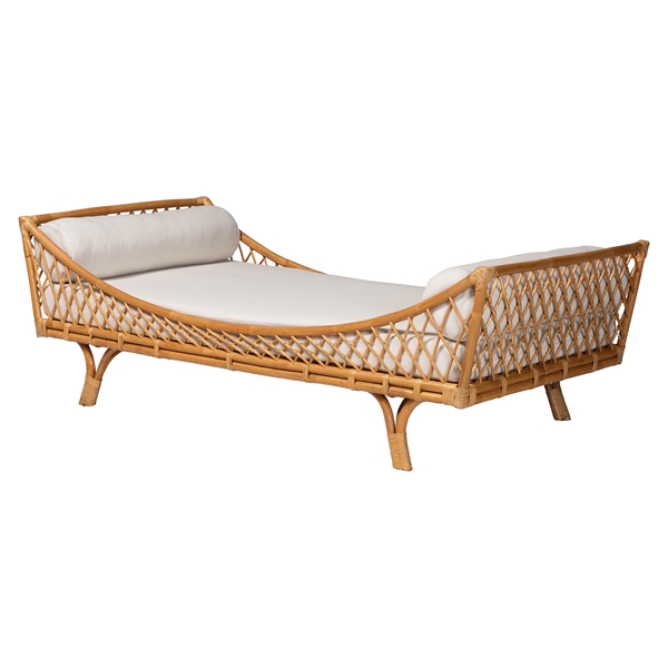 baxton studio bali & pari Akemi Handwoven Natural Rattan Daybed with Cushion - Boho Coastal Lounge Bed for Living Room Bedroom or Sunroom