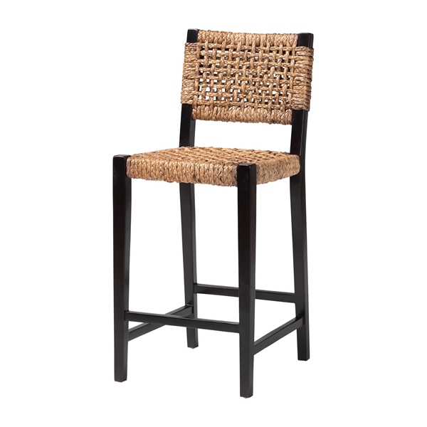 baxton studio bali & pari Alise Handwoven Seagrass Bar Stool with Mahogany Wood Frame - Bar-Height Chair with Woven Back and Seat for Kitchen Island or Home Bar Dark Brown