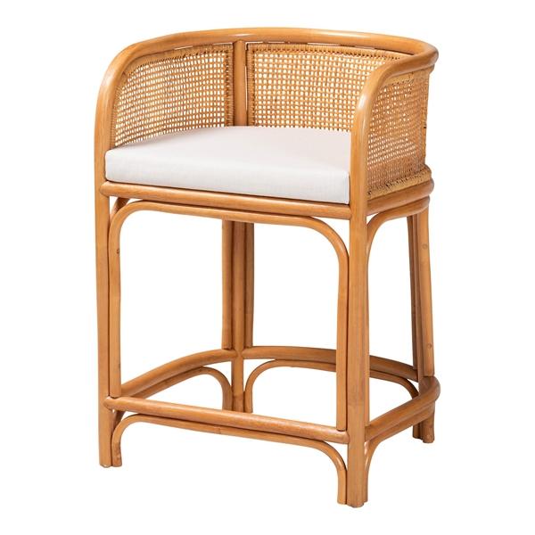 baxton studio bali & pari Aria Natural Rattan Counter Stool with Backrest and Removable Cushion - Handwoven Cane Counter Height Seating for Kitchen Island or Dining Area