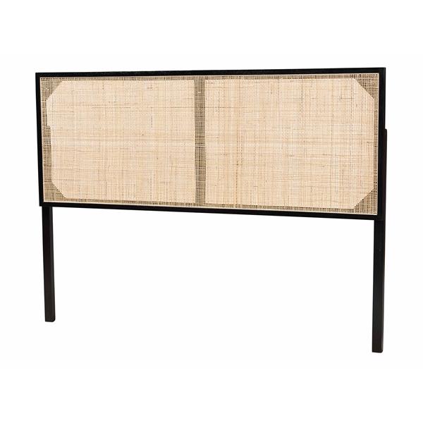 baxton studio bali & pari Aurelia Modern Bohemian Black Finished Bayur Wood and Natural Rattan Queen Size Headboard