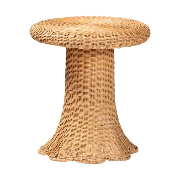 baxton studio bali & pari Avalon Scallop Natural Rattan Pedestal Side Table - Round Handwoven Wicker Accent Table with Skirted Base Boho Coastal Style Furniture for Living Room Hallway or Sunroom