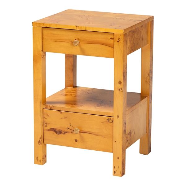 baxton studio bali & pari Azmi Modern and Contemporary Natural Light Mappa Real Burl Wood 2-Drawer Nightstand