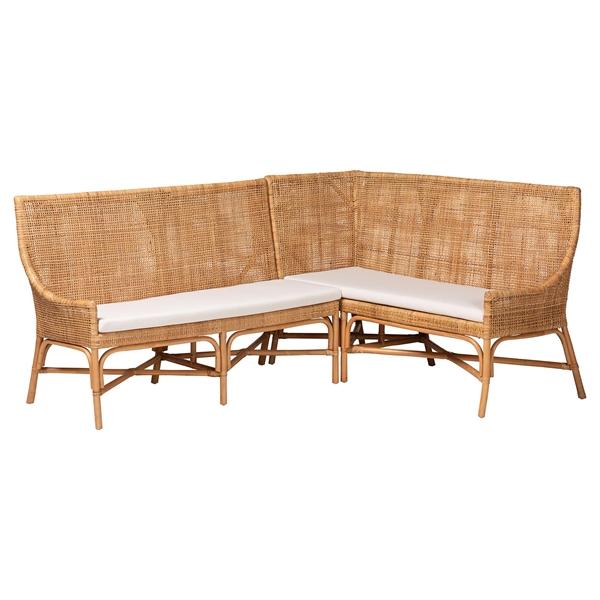 baxton studio bali & pari Baako Bohemian Light Honey Rattan 2-Piece Dining Nook Bench Set