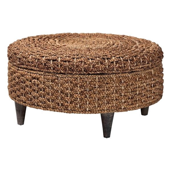 baxton studio bali & pari Bailey Handwoven Seagrass Storage Ottoman with Lift -Top Lid - Rustic Wicker Trunk or Footrest with Inner Compartment for Living Room or Entryway Round