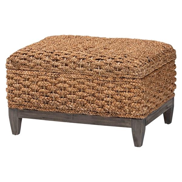 baxton studio bali & pari Bailey Handwoven Seagrass Storage Ottoman with Lift -Top Lid - Rustic Wicker Trunk or Footrest with Inner Compartment for Living Room or Entryway Square