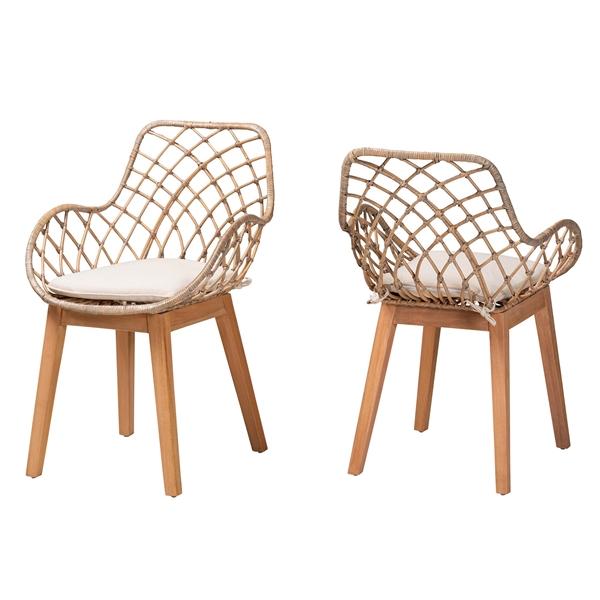 baxton studio bali & pari Ballerina Modern Bohemian Greywashed Rattan and Natural Brown Finished Wood 2-Piece Dining Chair Set