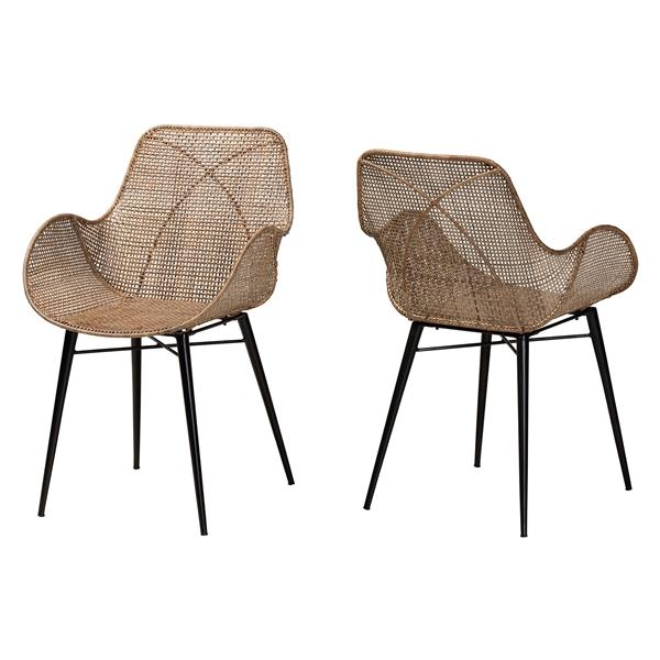 baxton studio bali & pari Ballerina Modern Bohemian Greywashed Rattan and Black Metal 2-Piece Dining Chair Set