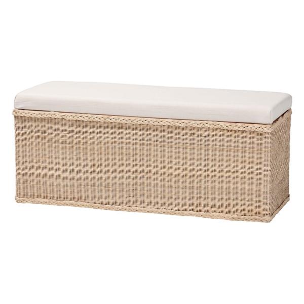 baxton studio bali & pari Barid Braided Natural Rattan Storage Bench with Cushioned Lift -Top Lid - Coastal Boho Style Chest for Bedroom Entryway or Living Room Organization Natural 45" Rectangle