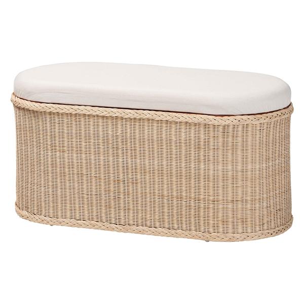 baxton studio bali & pari Barid Braided Natural Rattan Storage Bench with Cushioned Lift -Top Lid - Coastal Boho Style Chest for Bedroom Entryway or Living Room Organization Natural 39" Oval