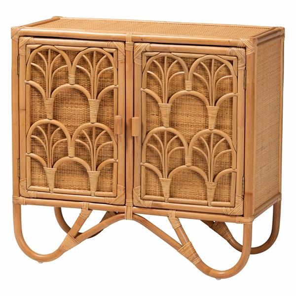 baxton studio bali & pari Baylor Bohemian Light Honey Rattan Storage Cabinet