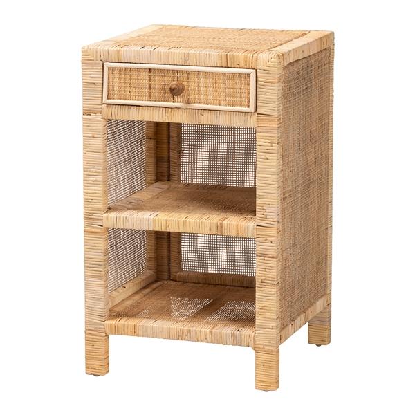 baxton studio bali & pari Bella Modern Bohemian Natural Brown Mahogany Wood and Natural Rattan 1-Drawer Nightstand