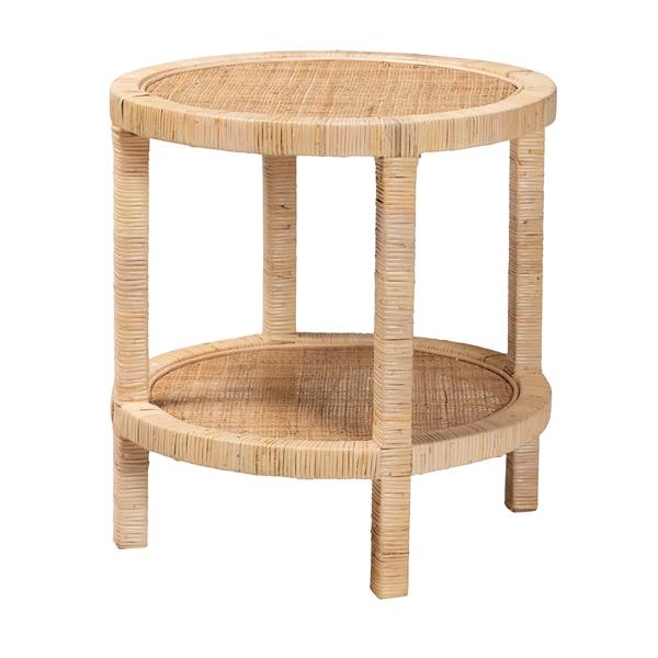baxton studio bali & pari Bella Modern Bohemian Natural Brown Mahogany Wood and Natural Rattan 2-Tier End Table
