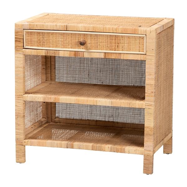 baxton studio bali & pari Bella Modern Bohemian Natural Brown Mahogany Wood and Natural Rattan 1-Drawer Console Table
