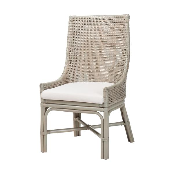 baxton studio bali & pari Bella Rattan Dining Chair with Cushion - Handwoven Wicker Accent Side Chair with High Backrest Coastal Boho Seating for Kitchen or Dining Area French Grey