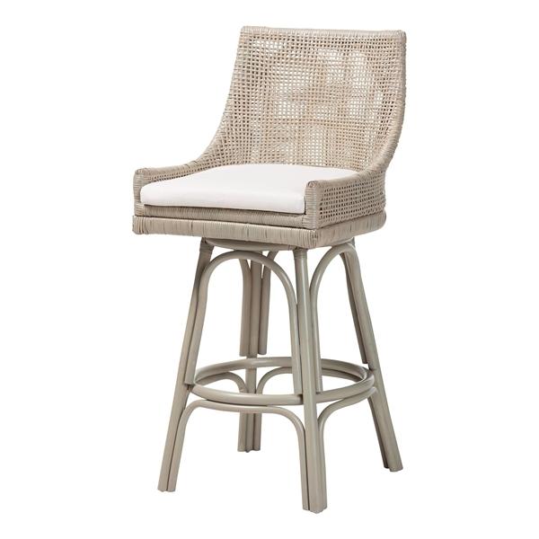 baxton studio bali & pari Bella Swivel Rattan Bar Stool with Cushion - Handwoven Wicker Bar Chair with Backrest and Footrest French Grey