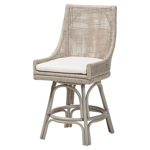 baxton studio bali & pari Bella Swivel Rattan Counter Stool with Cushion - Handwoven Wicker Kitchen Island Seating with Backrest and Footrest French Grey