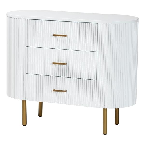 baxton studio bali & pari Beyla Mid-Century White Fluted Wood and Gold Metal 3-Drawer Dresser